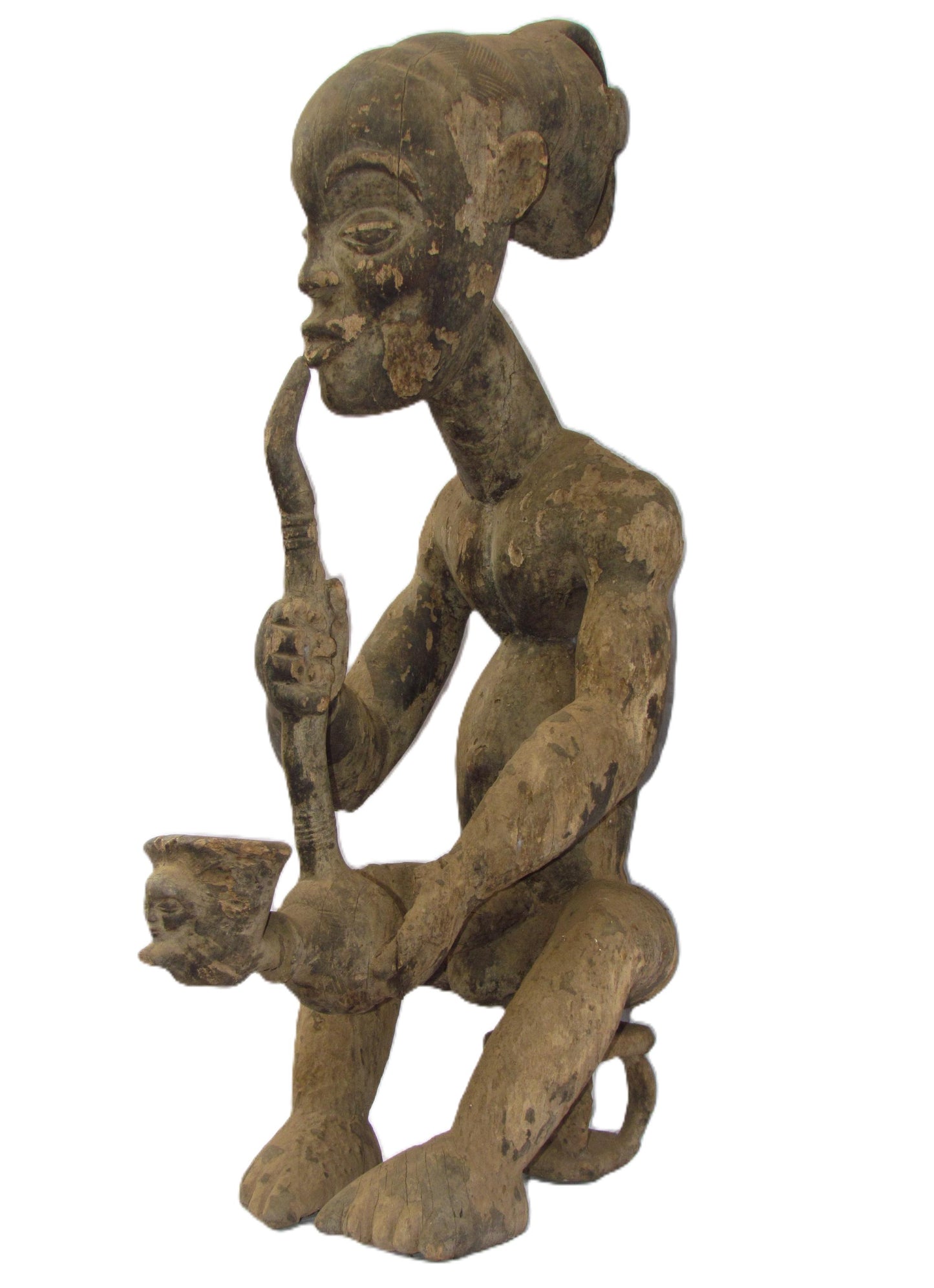 Sculpture originale en bois sculpté vintage de la tribu Luba « Homme qui fume » en RDC, Afrique