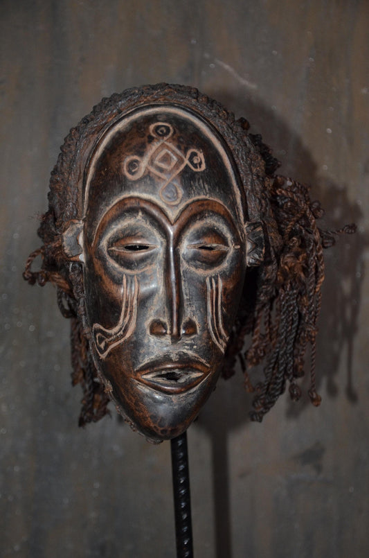 Authentic Chokwe Pwo Mask - 12" Hand-Carved Wood Female Ancestor Mask, Angolan Tribal Art, Woven Fiber Hair.