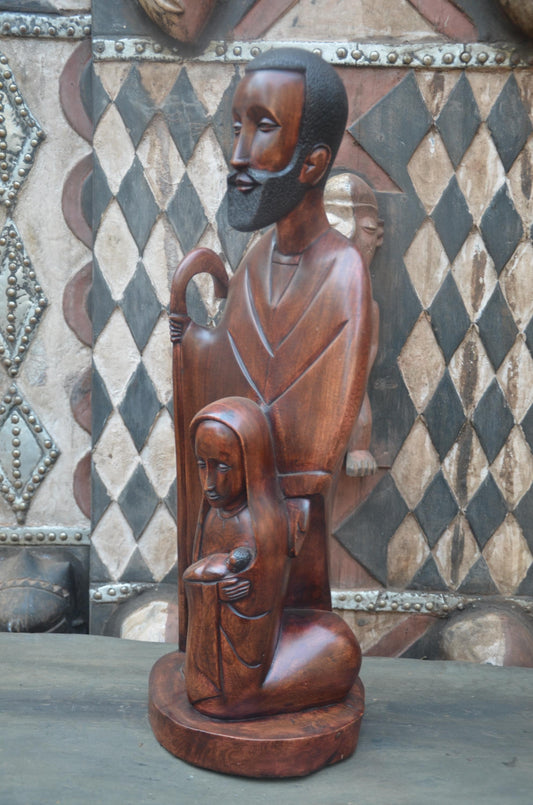 Hand-Carved African Holy Family Sculpture | Wooden Nativity Art