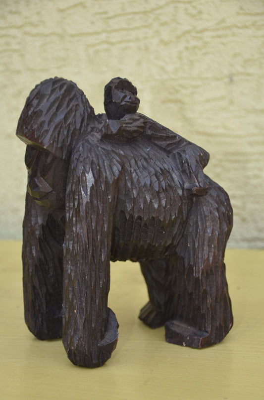 Hand Carved Wooden Mother & Baby Gorilla | Wildlife Art