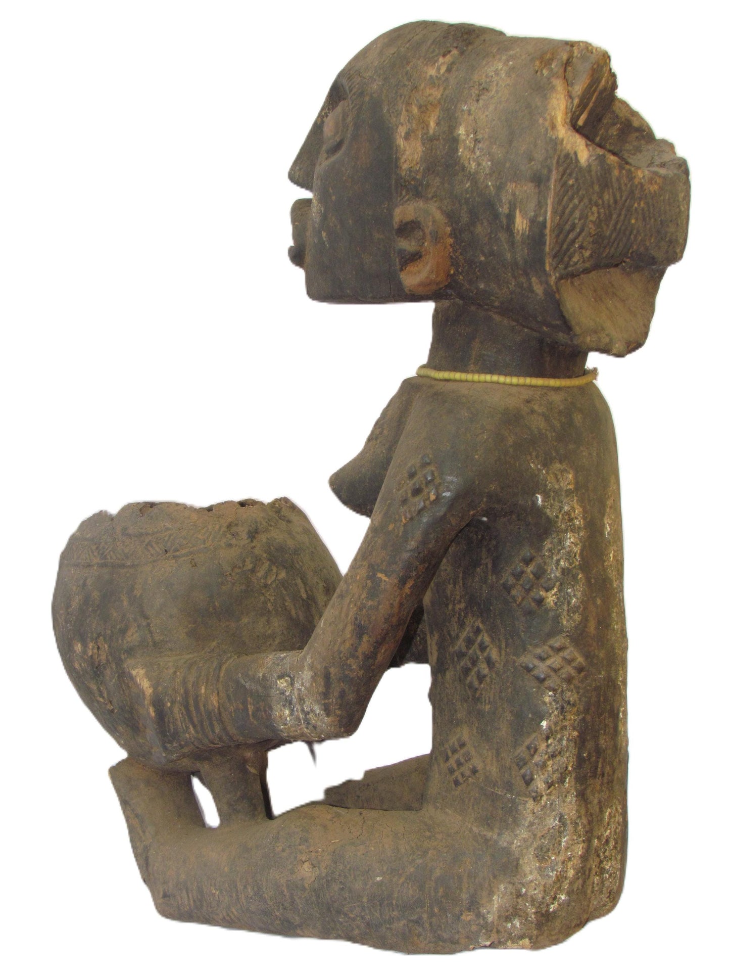 Ancienne porteuse de bol assise (Mboko) Luba, République démocratique du Congo Bois,