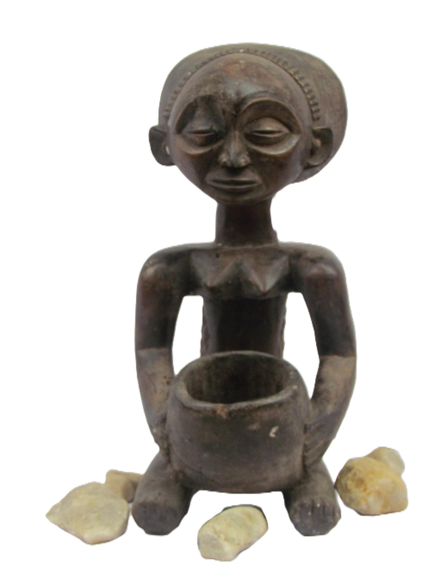 Statue de devineresse Luba – Art tribal africain du Congo et de Zambie | Figurine rituelle en bois sculptée à la main avec bol
