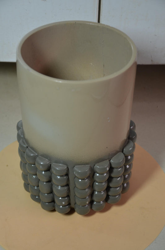 Beaded Wooden Cylinder Vase | Beige and Grey Bubble Texture Pillar Vessel