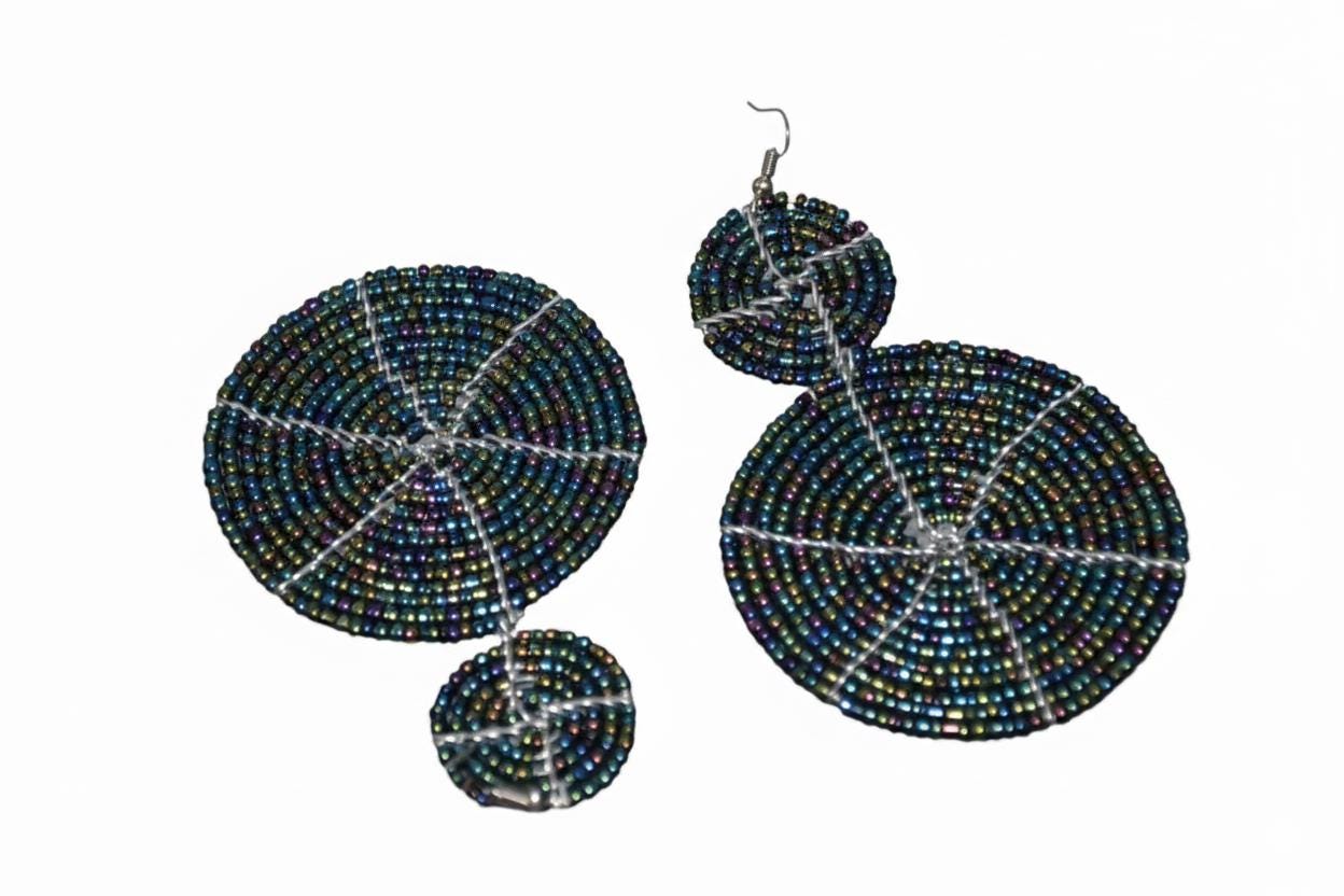 Iridescent Blue Maasai Beaded Earrings Pair, Handmade African Boho Hoop Drop Jewelry Set
