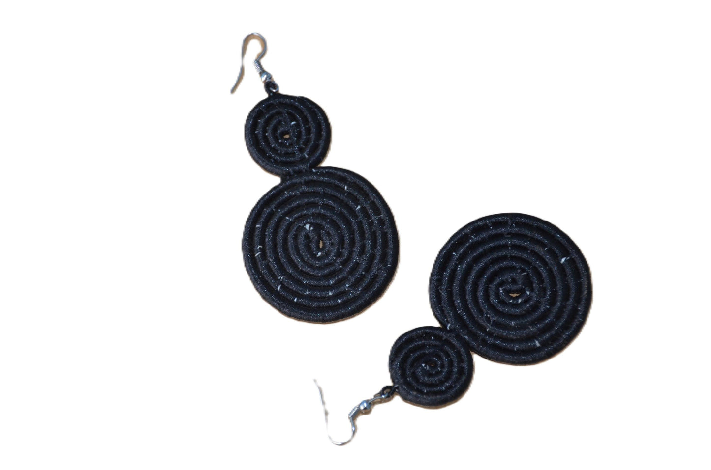 Black Sisal Rwandan Earrings, Handmade Woven African Basketry Jewelry, Boho Tribal Fiber Art
