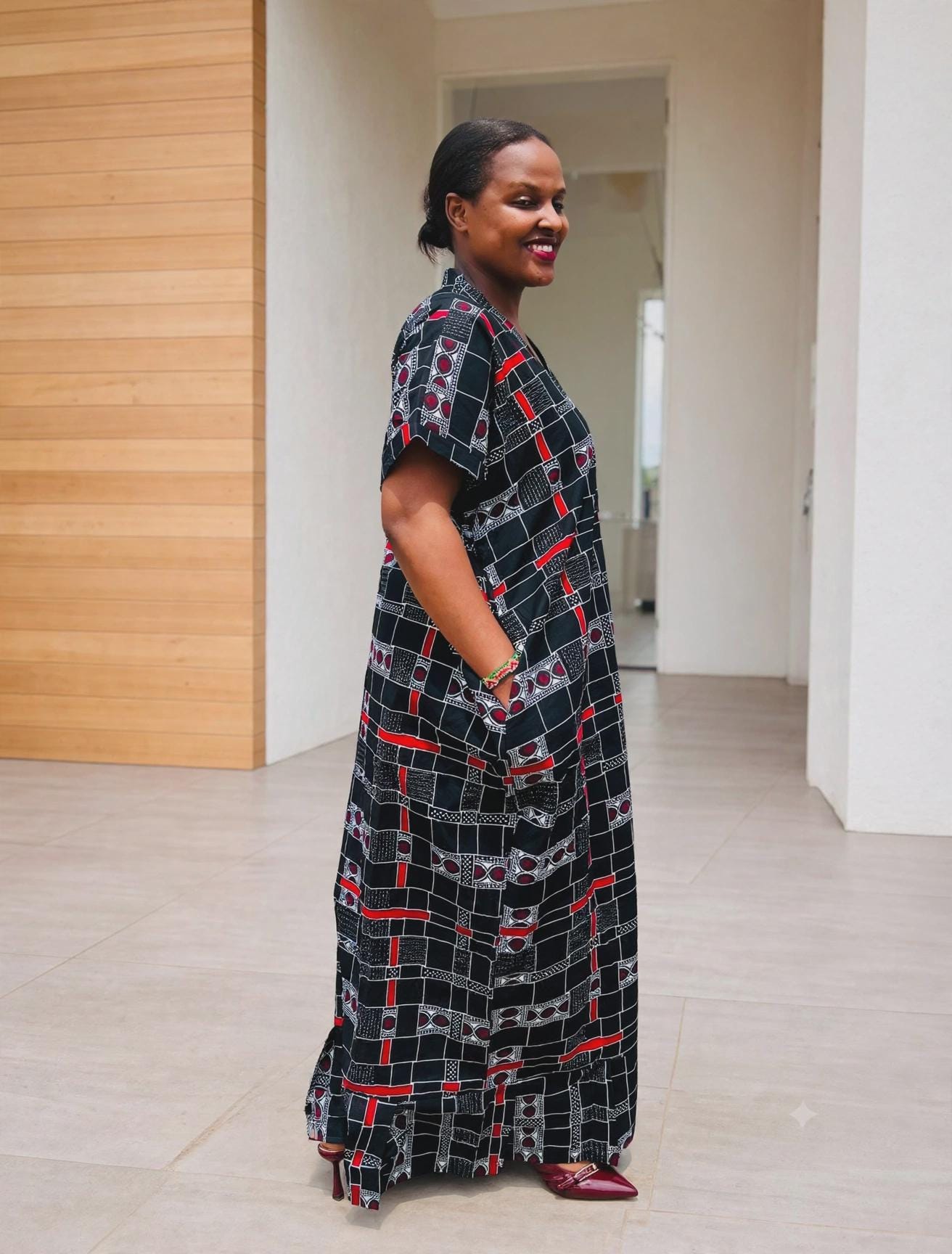 Geometric Plaid African Shirt Kaftan | Buttoned Grid Boubou, Monochromatic Maxi