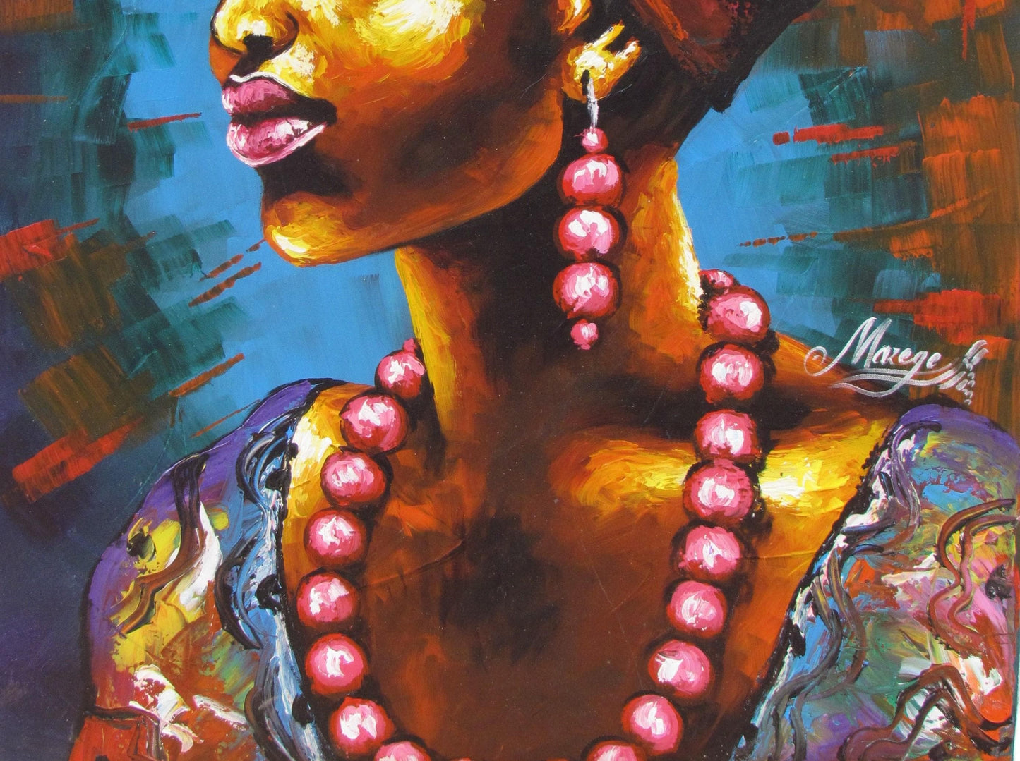 Impression sur toile représentant une femme africaine – Portrait traditionnel avec collier, œuvre d'art murale moderne à l'huile, prête à accrocher, décoration afrocentrique pour chambre à coucher