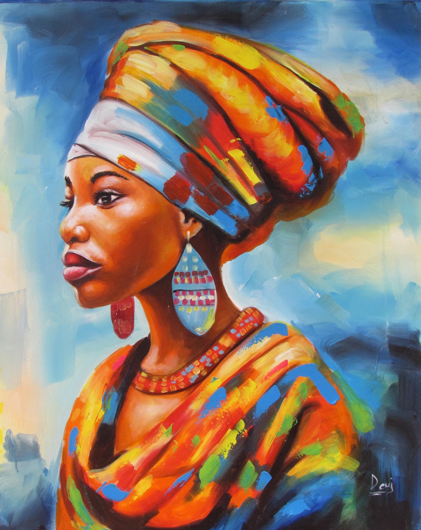 Impression sur toile représentant une femme africaine – Art mural féministe jaune et bleu, peinture à l'huile afrocentrique, décoration d'intérieur pour femme noire, grand format