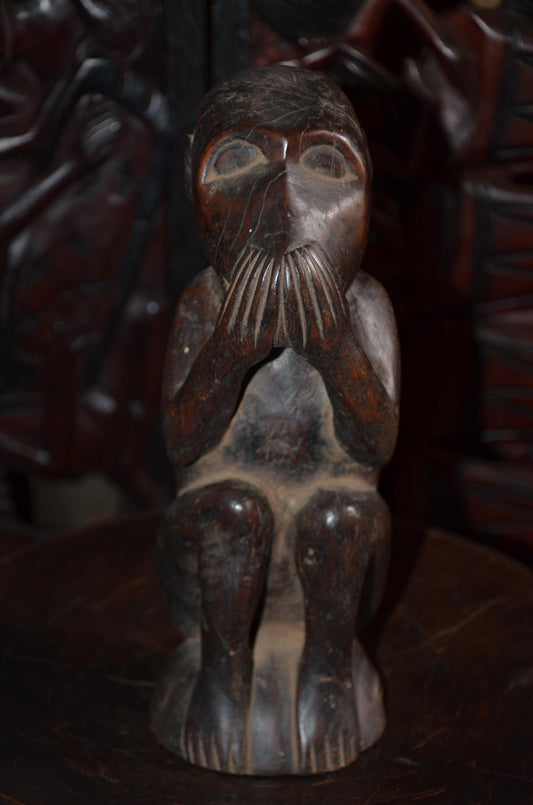 Hemba Chimpanzee Figure – 12" Hand-Carved Wood Mwisi Gwa So'o – Congo Tribal Art