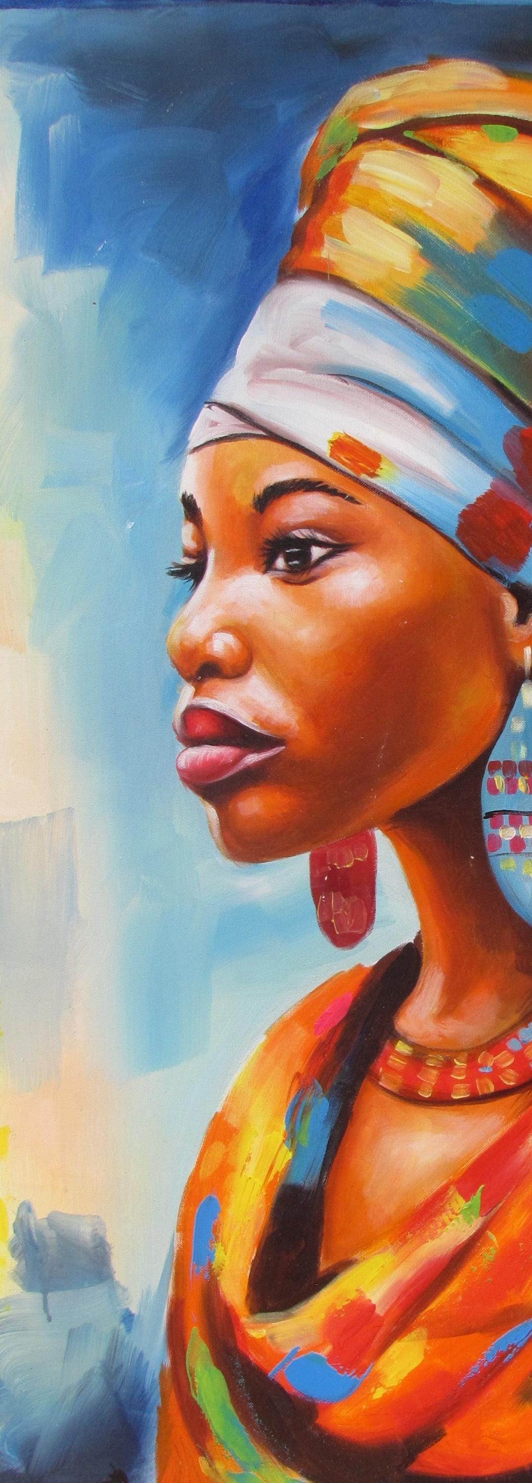 Impression sur toile représentant une femme africaine – Art mural féministe jaune et bleu, peinture à l'huile afrocentrique, décoration d'intérieur pour femme noire, grand format