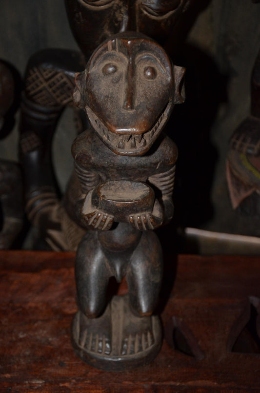 Songye Monkey Figure Power Fetish - 16" Authentic Congo Nkishi Statue, Zoomorphic Offering Bowl Carving, High-End African Tribal Collectible