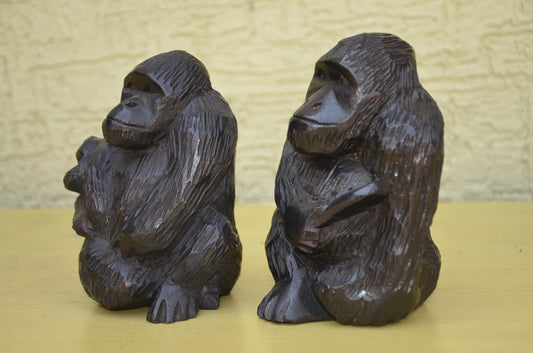 Hand Carved Wooden Gorilla Family Sculpture | Wildlife Art