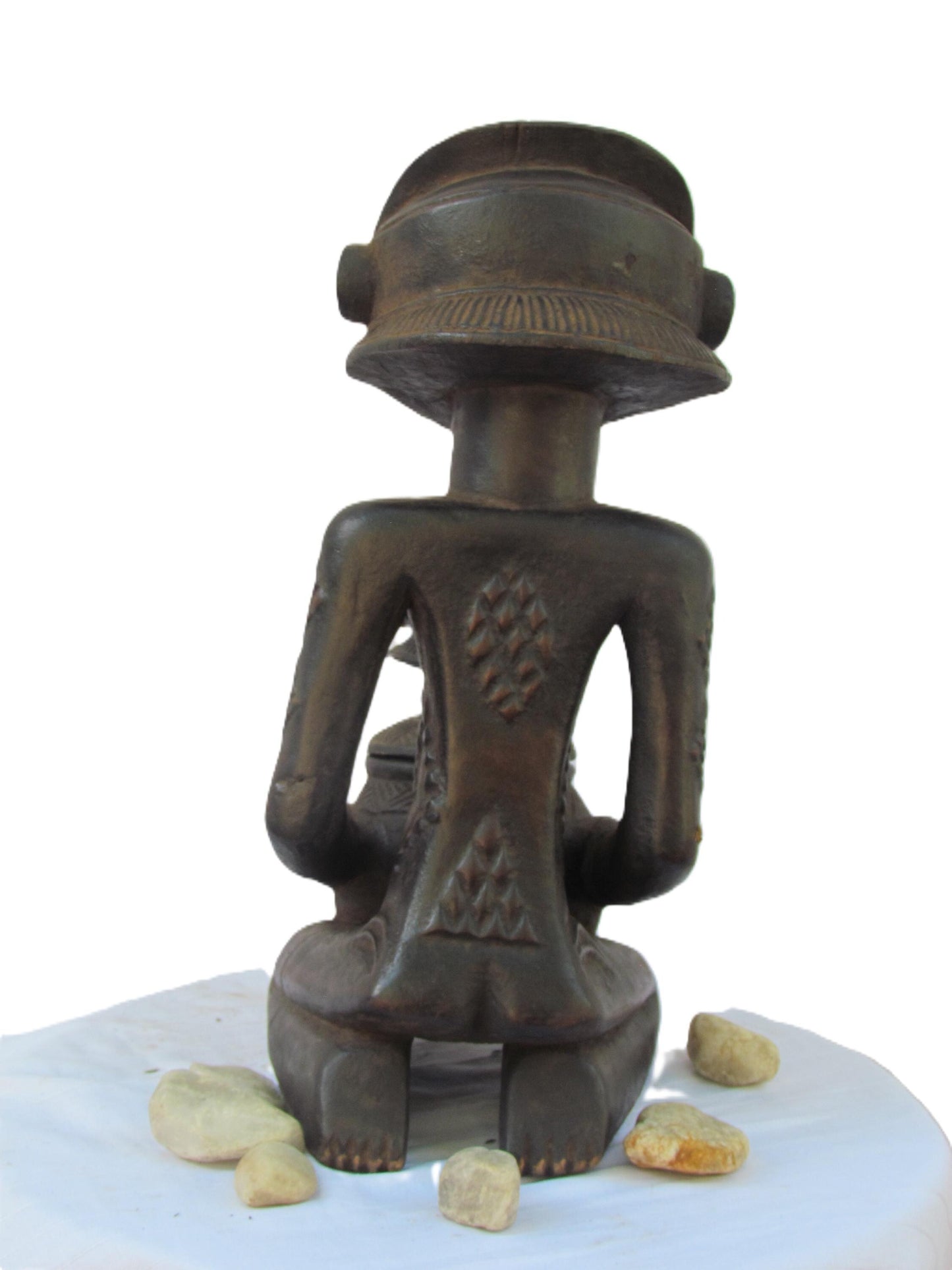 Statue de femme Luba porteuse de bol – Art tribal africain en bois du Congo – Sculpture rituelle sculptée à la main vintage des années 1980