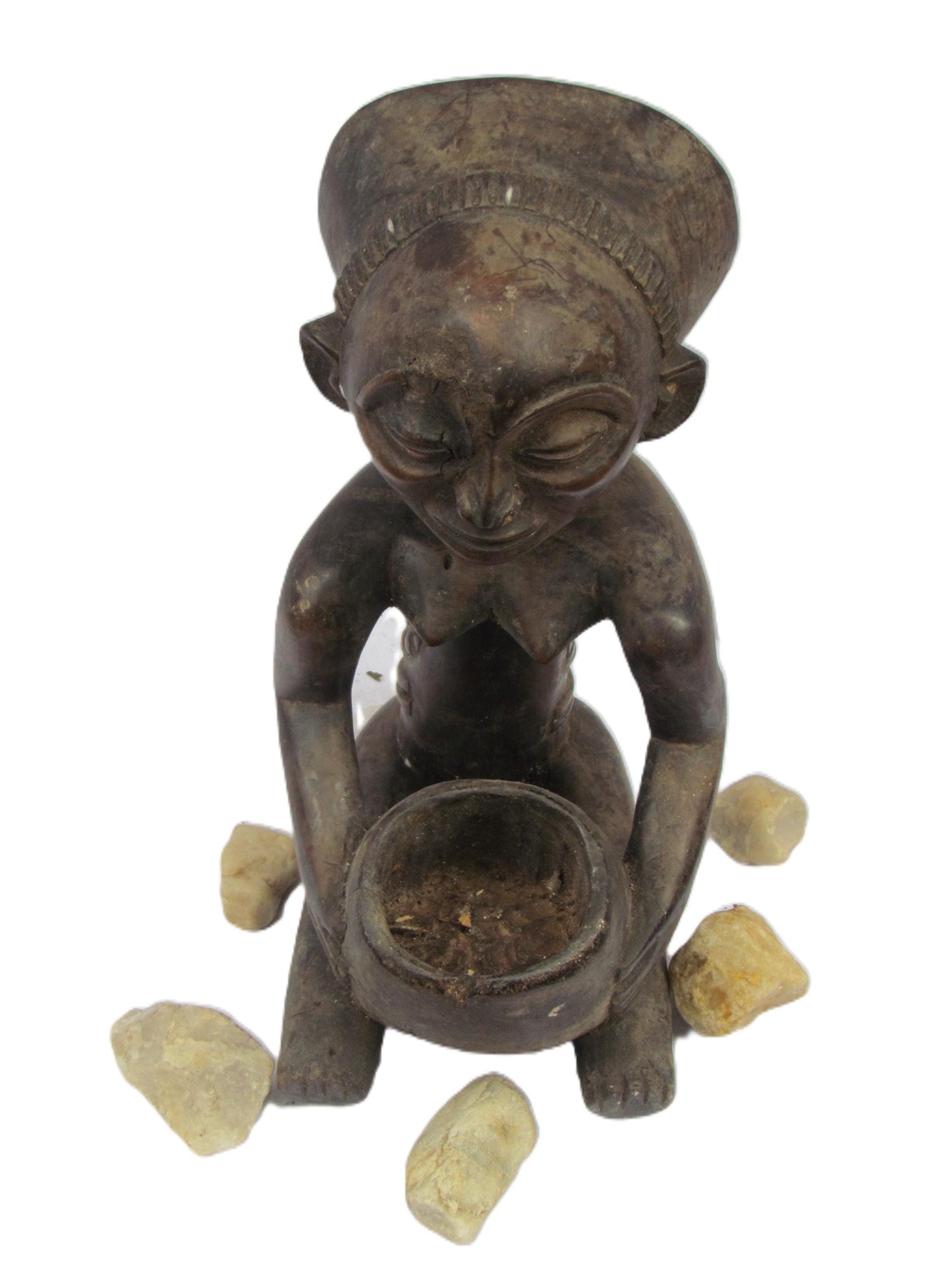 Statue de devineresse Luba – Art tribal africain du Congo et de Zambie | Figurine rituelle en bois sculptée à la main avec bol