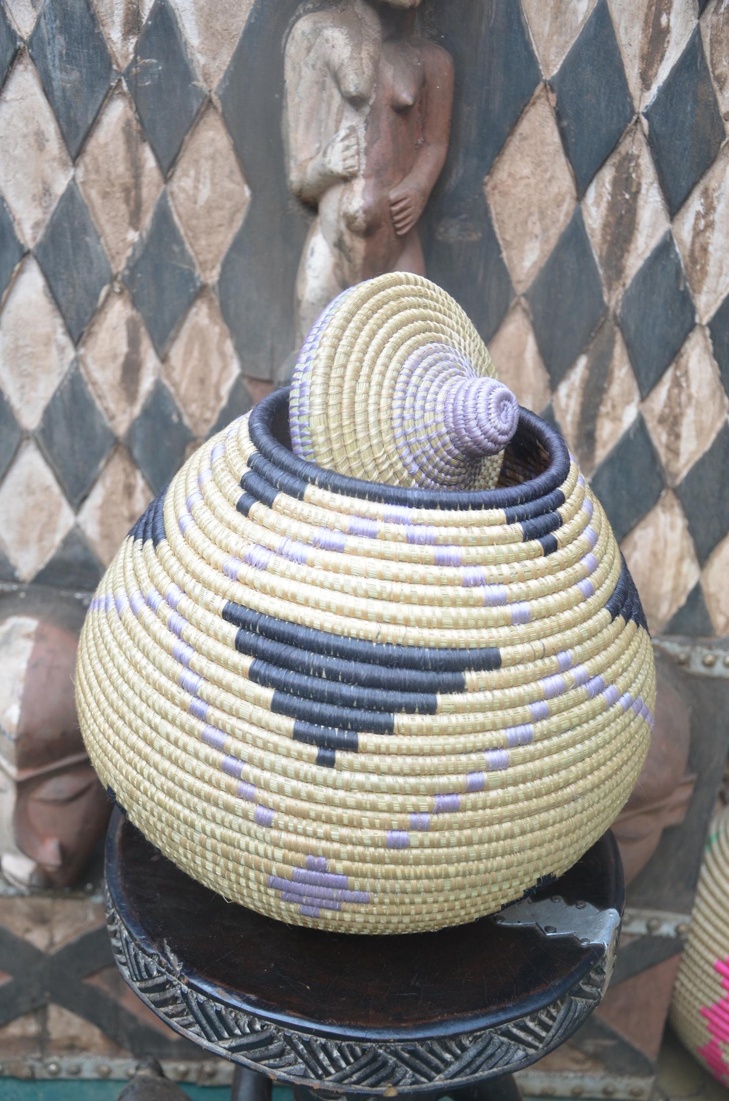 Rwandan Lidded Basket | Charcoal & Lavender Woven Storage | Artisan Home Decor
