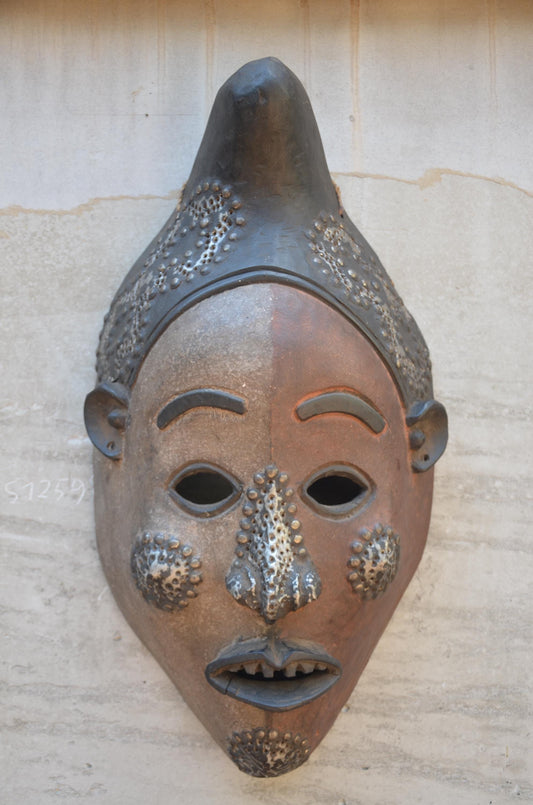 Large Yaure Yaure Mask - 24" Two-Tone African Wood Carving, Metallic Tack Details, Ivory Coast Tribal Wall Sculpture.