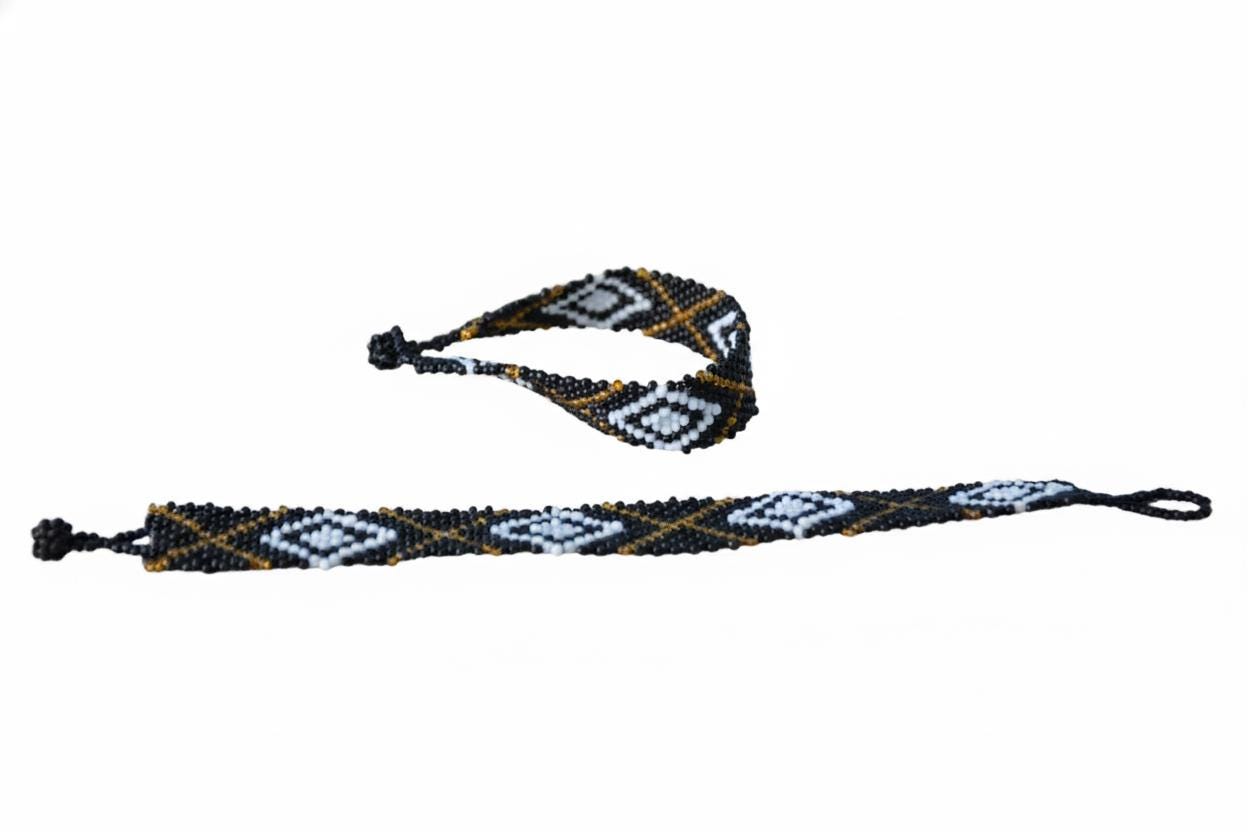 Black and White Rwandan Beaded Bracelet, Handmade Geometric African Boho Jewelry