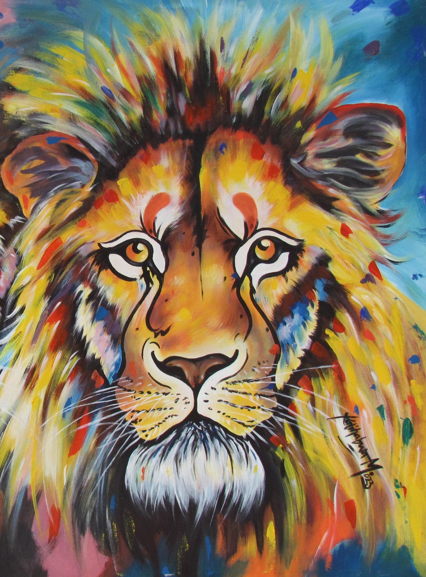 Portrait de lion africain – Peinture pastel originale sur tissu, décoration d'intérieur animalière, œuvre d'art animalière de safari, cadeau fait main