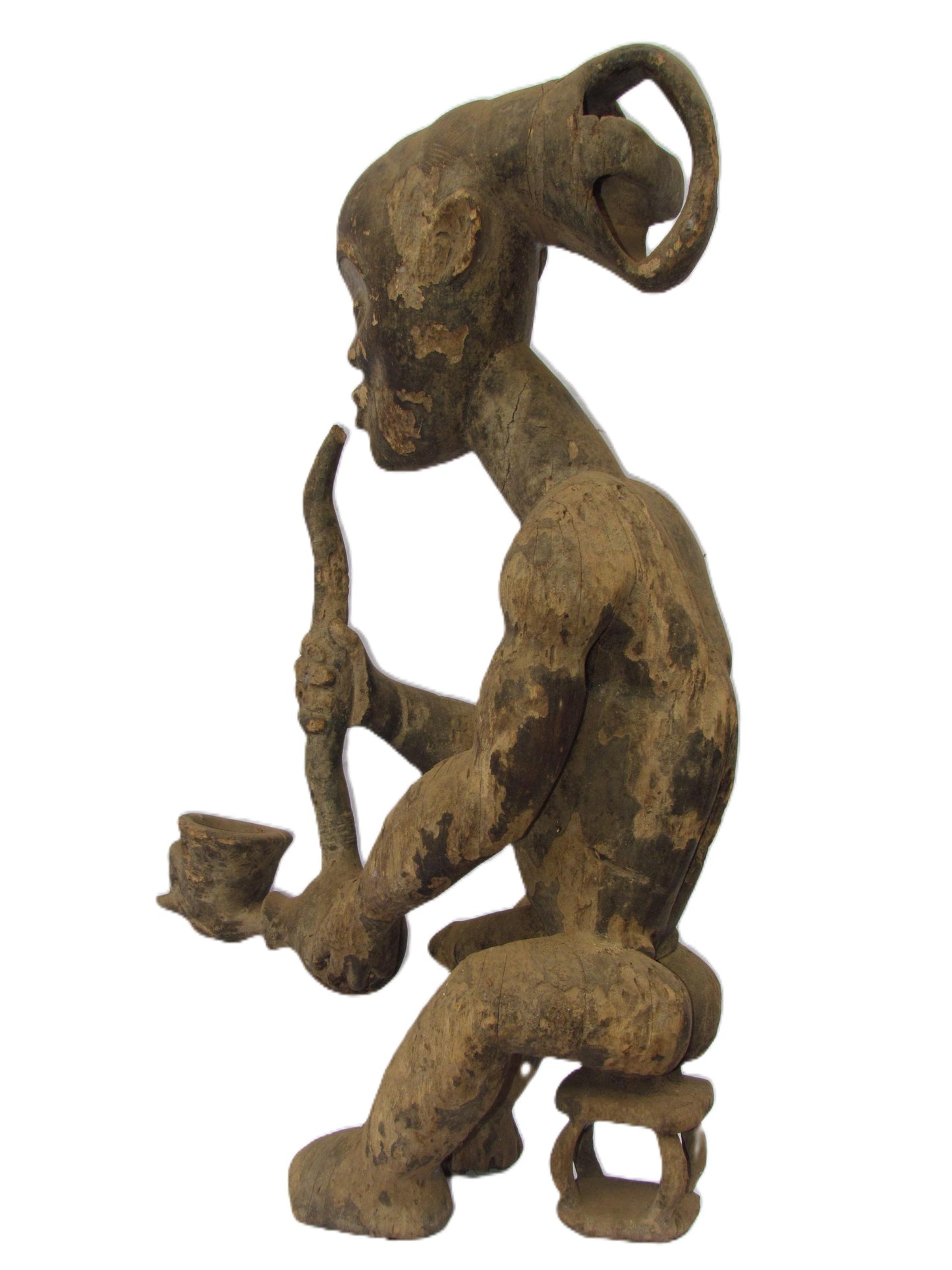 Sculpture originale en bois sculpté vintage de la tribu Luba « Homme qui fume » en RDC, Afrique