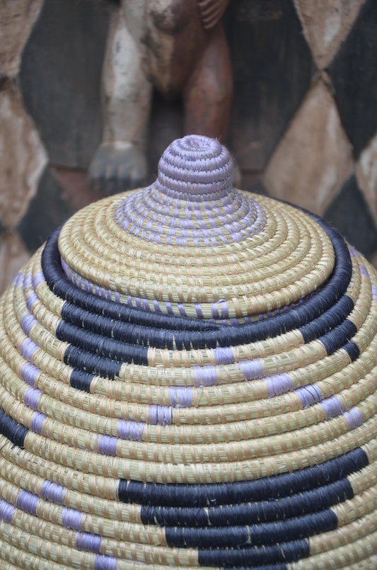 Rwandan Lidded Basket | Charcoal & Lavender Woven Storage | Artisan Home Decor