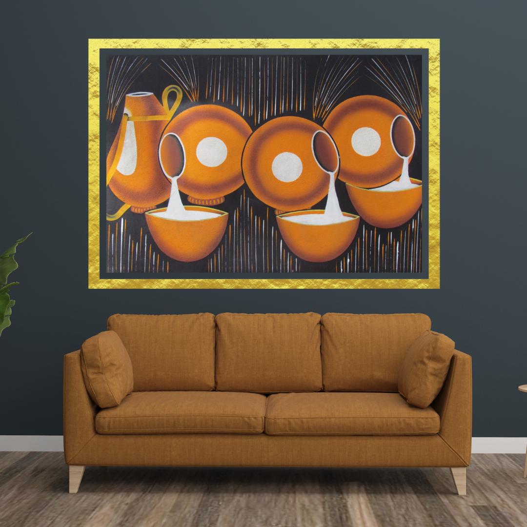 Arte ruandés con calabaza | Pintura sobre almacenamiento de leche | Decoración de pared africana | Lienzo de cocina Ikivuguto | Regalo de cultura tribal