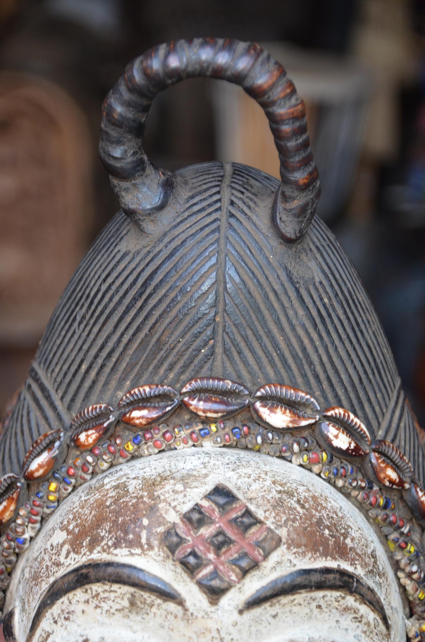 Authentic Punu Okuyi Mask – Hand-Carved Wood Female Ancestor Spirit, Cowrie Shell Trim