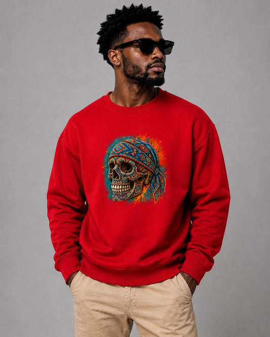 African Inspired Skull Sweatshirt, Colorful Geometric Skull Crewneck, Halloween Streetwear