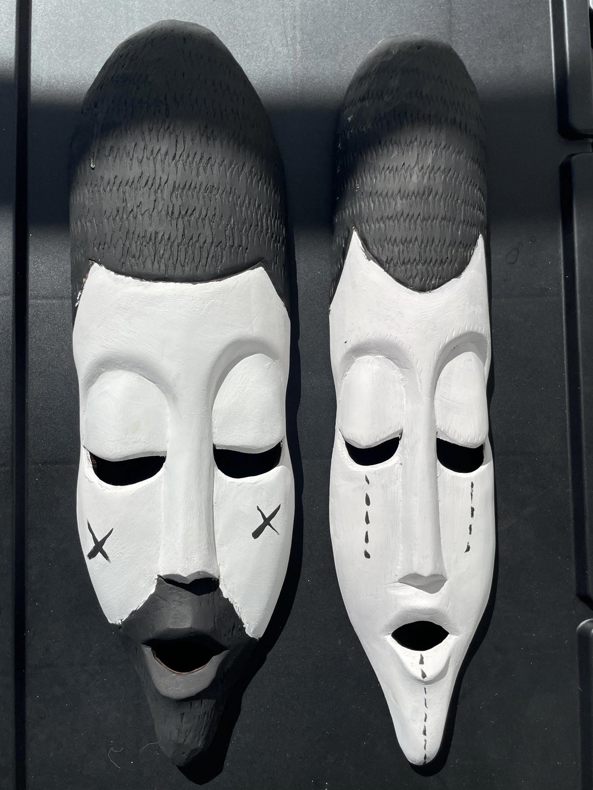 Rwandan Basinga Mask Pair – Hand-Carved King and Queen African Wood Wall Art, Black & White Decor