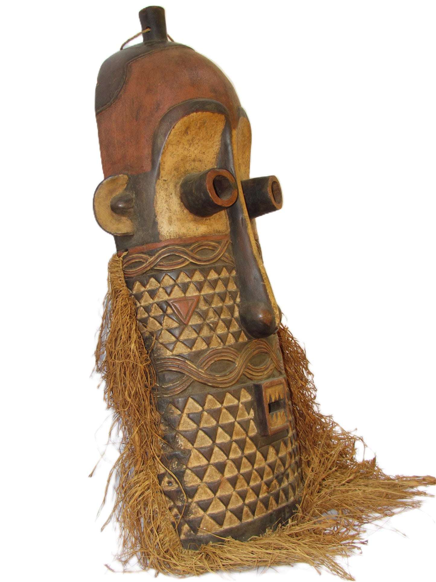 Rare African Tribal Brown Mask from MBOLE tribe with a Long nose, Primitive art DRC Zaire ethnographic art ethnic object home decor.