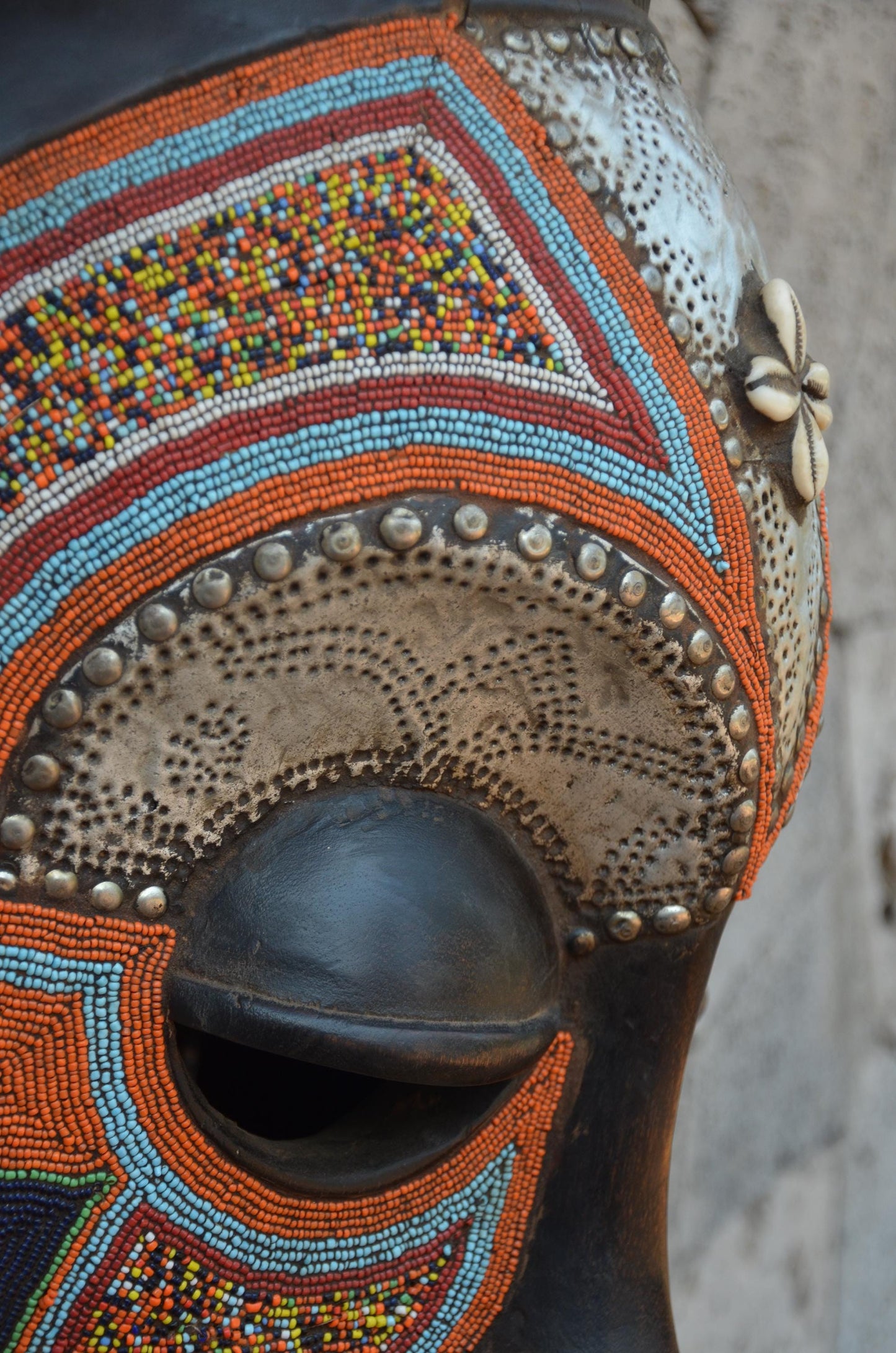 Yoruba Beaded Mask – 38" Large Hand-Carved Wood & Brass Mask – Wall Art