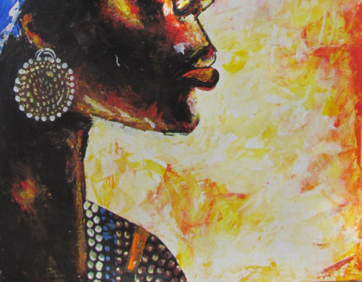 Toile à paillettes bleues représentant une femme africaine | Décoration murale artisanale | Peinture de femme noire
