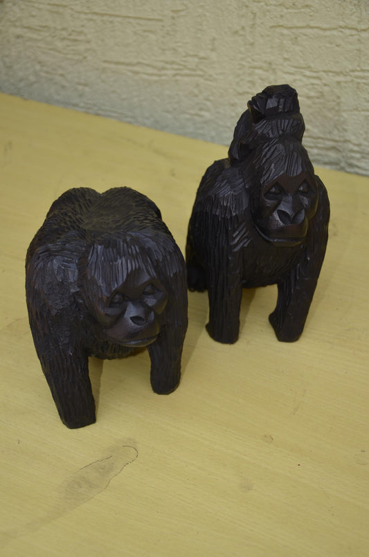 Hand Carved Wooden Gorilla Family Sculpture | Wildlife Art