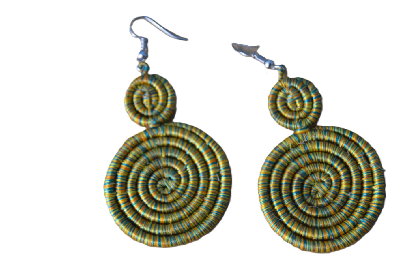 Yellow Green Sisal Rwandan Earrings, Handmade Woven African Basketry Jewelry, Boho Tribal Fiber Art