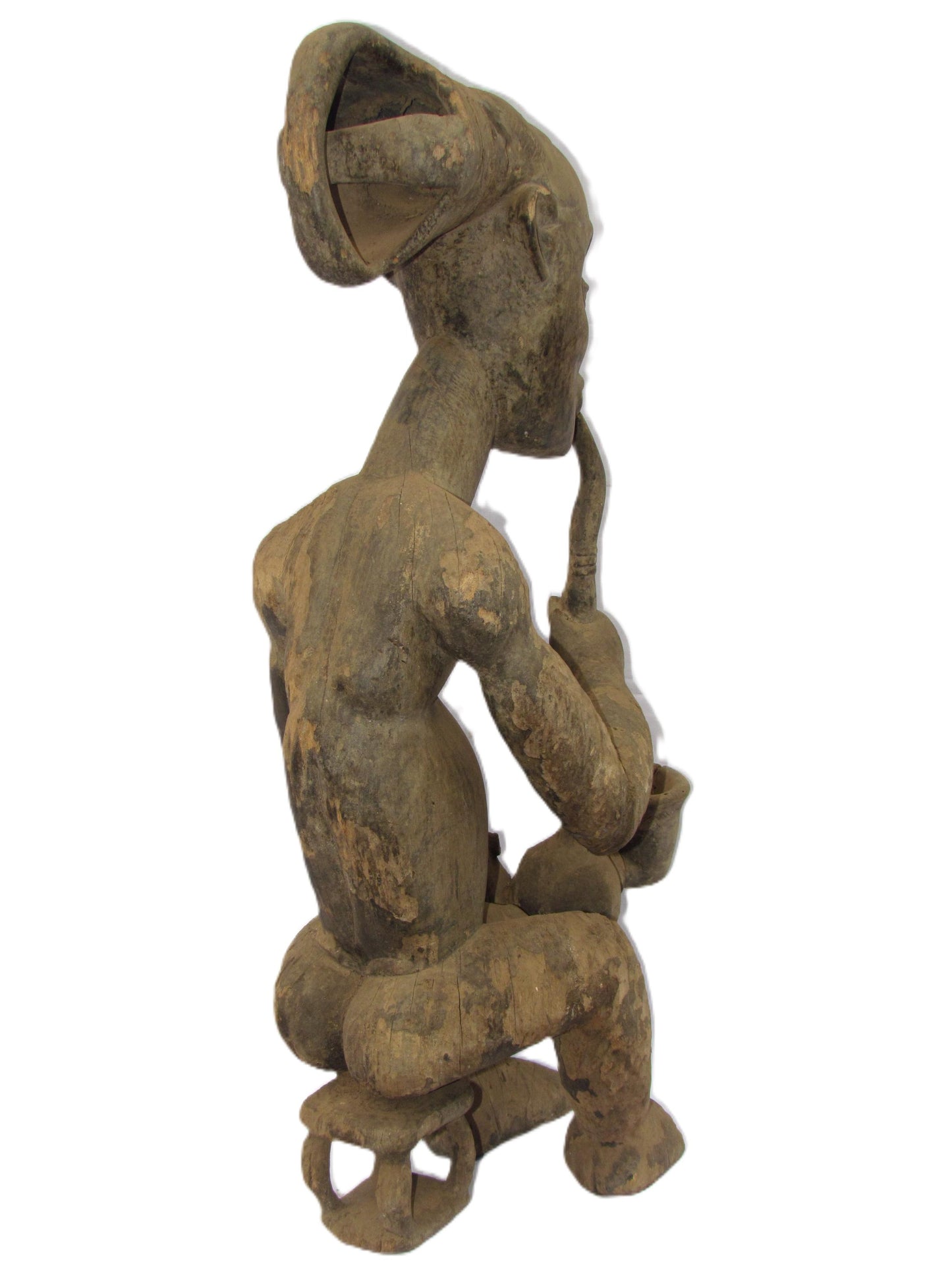 Sculpture originale en bois sculpté vintage de la tribu Luba « Homme qui fume » en RDC, Afrique