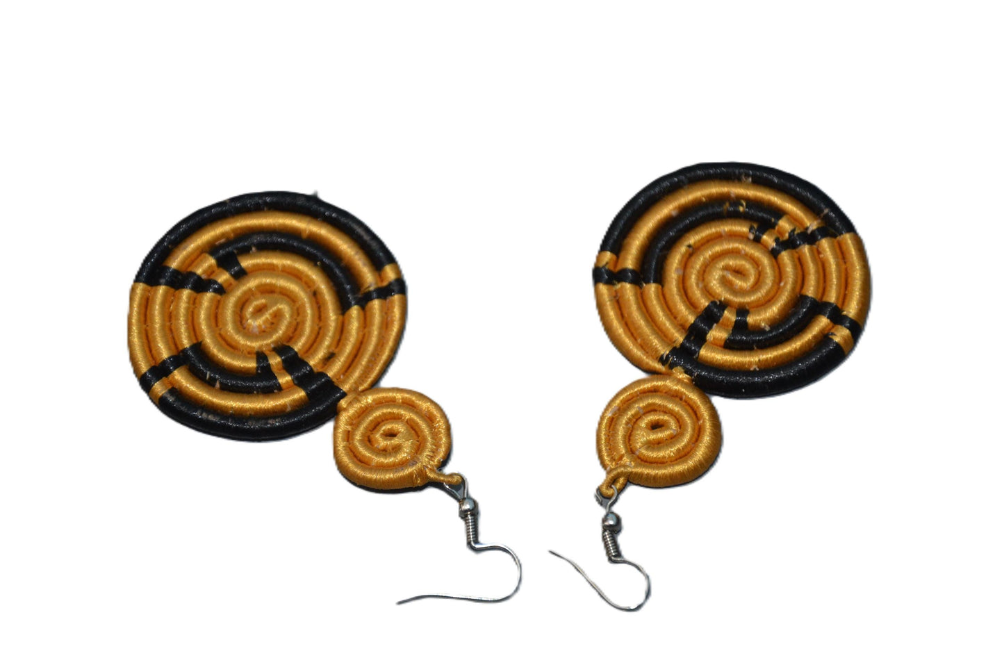 Big Yellow Black Sisal Rwandan Earrings, Handmade Woven African Basketry Jewelry, Boho Fiber Art