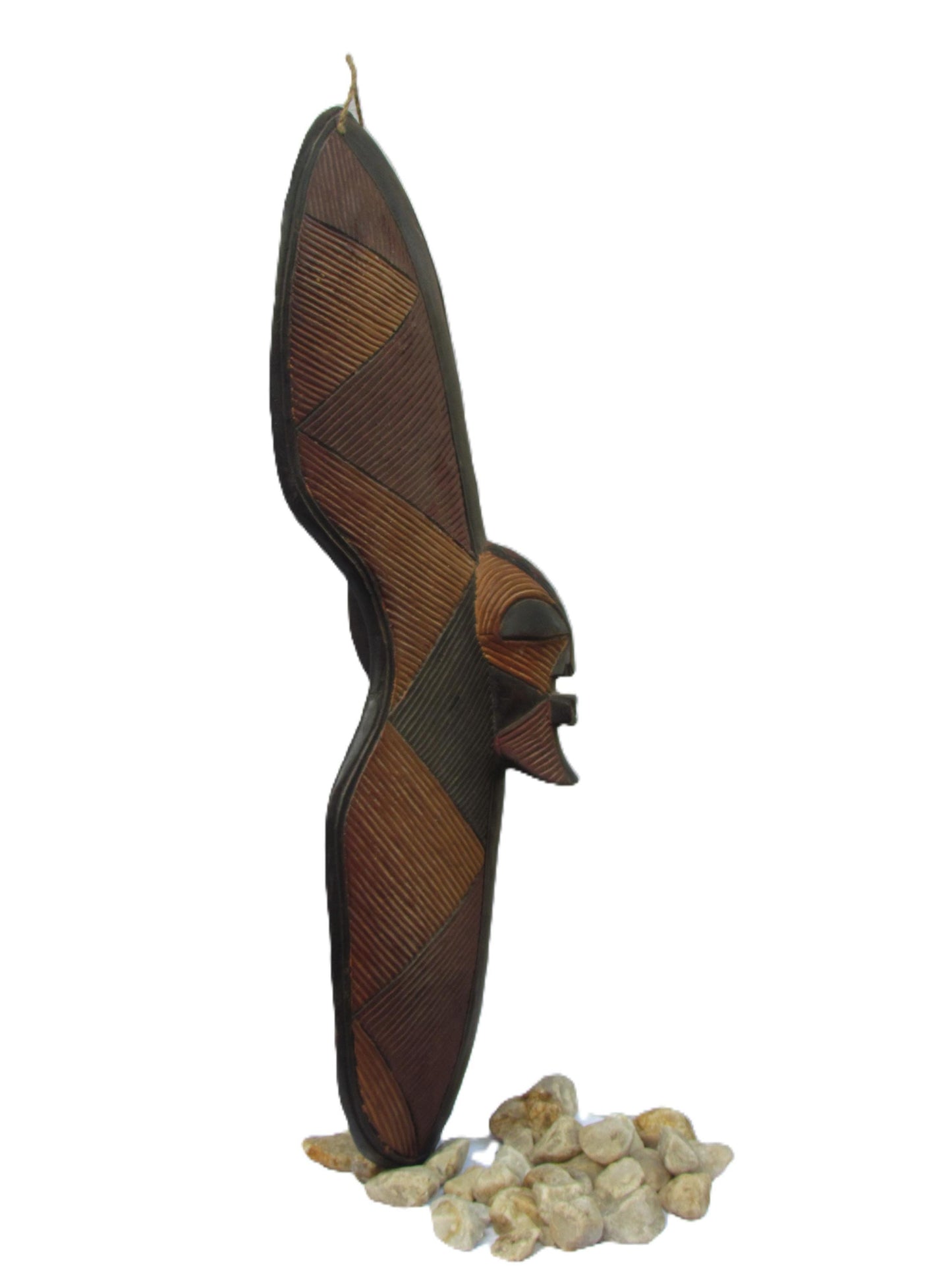 African Songye Shield with Mask Icon – Carved Wood Ritual Wall Art – Congo Tribal Decor