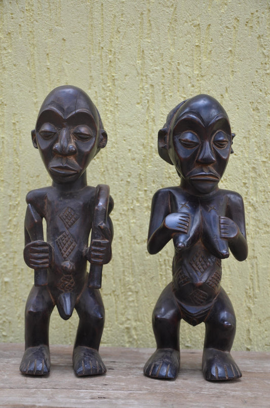 Tabwa Ancestor Figures – 17" Hand-Carved Wood Congo Couple – Tribal Art.