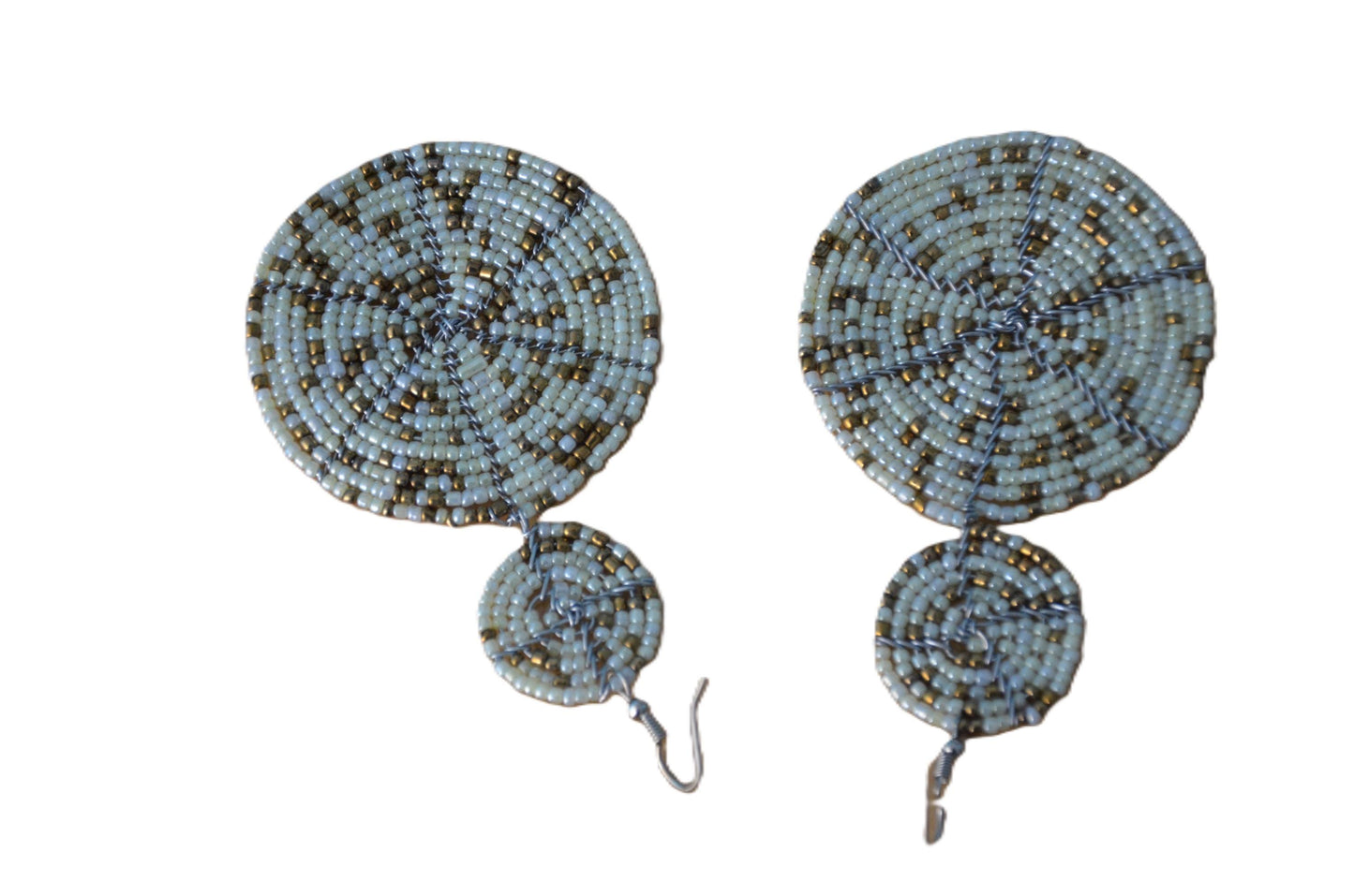 White and Brown Beaded Maasai Earrings Pair, Handmade African Boho Hoop Drop Jewelry