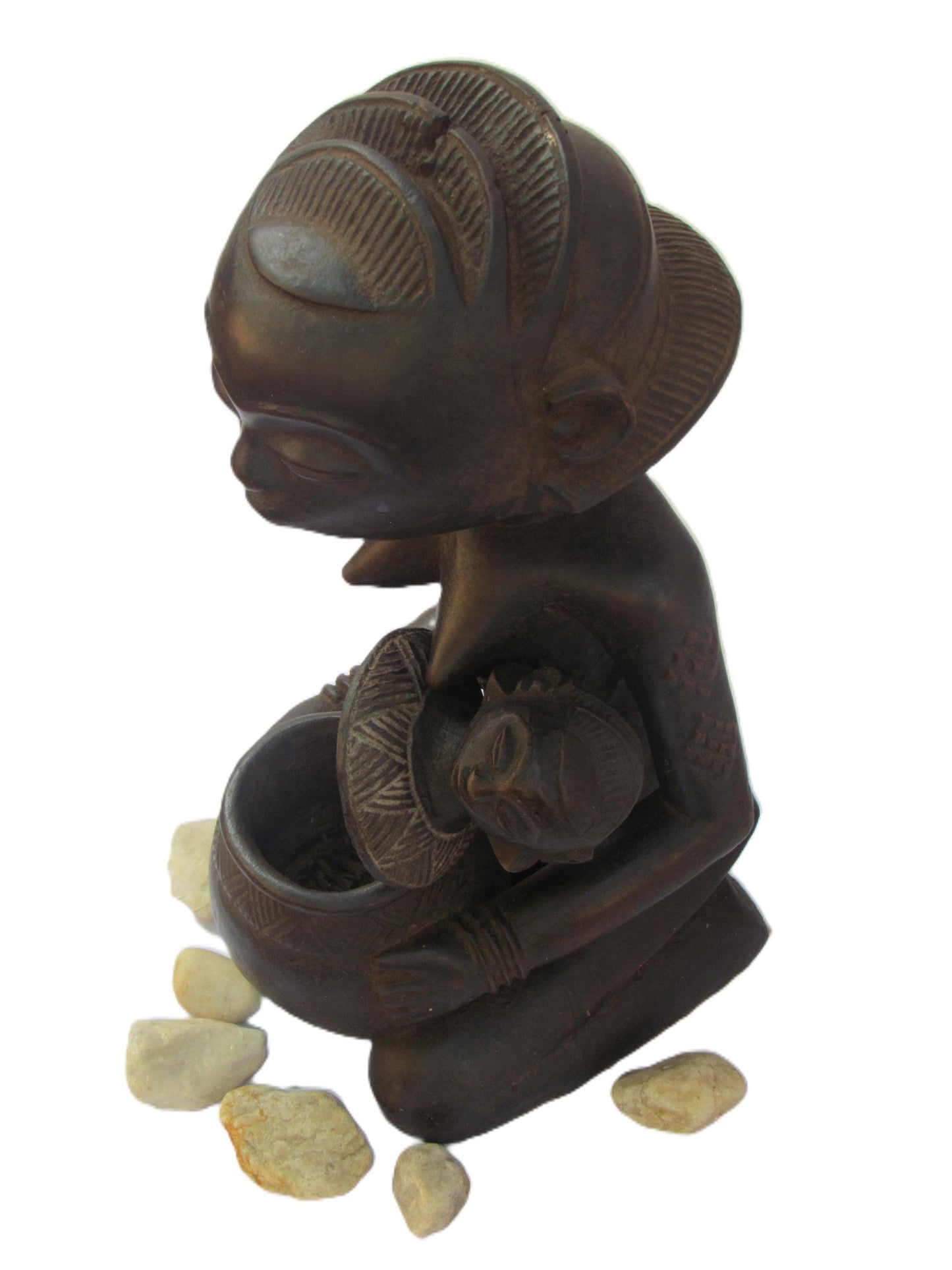 Statue de femme Luba porteuse de bol – Art tribal africain en bois du Congo – Sculpture rituelle sculptée à la main vintage des années 1980
