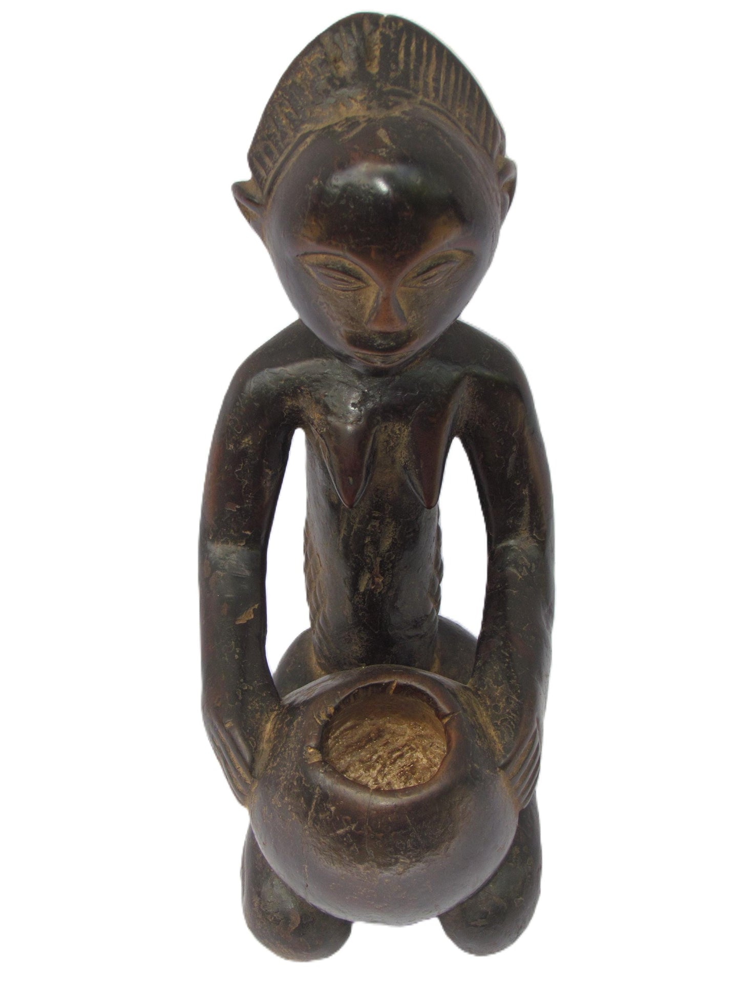 Statue africaine en bois de la tribu Luba du Congo, femme porteuse de bol.