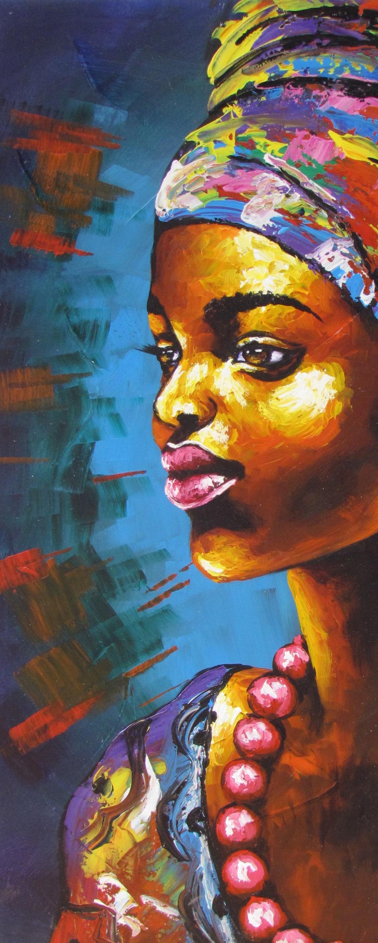 Impression sur toile représentant une femme africaine – Portrait traditionnel avec collier, œuvre d'art murale moderne à l'huile, prête à accrocher, décoration afrocentrique pour chambre à coucher