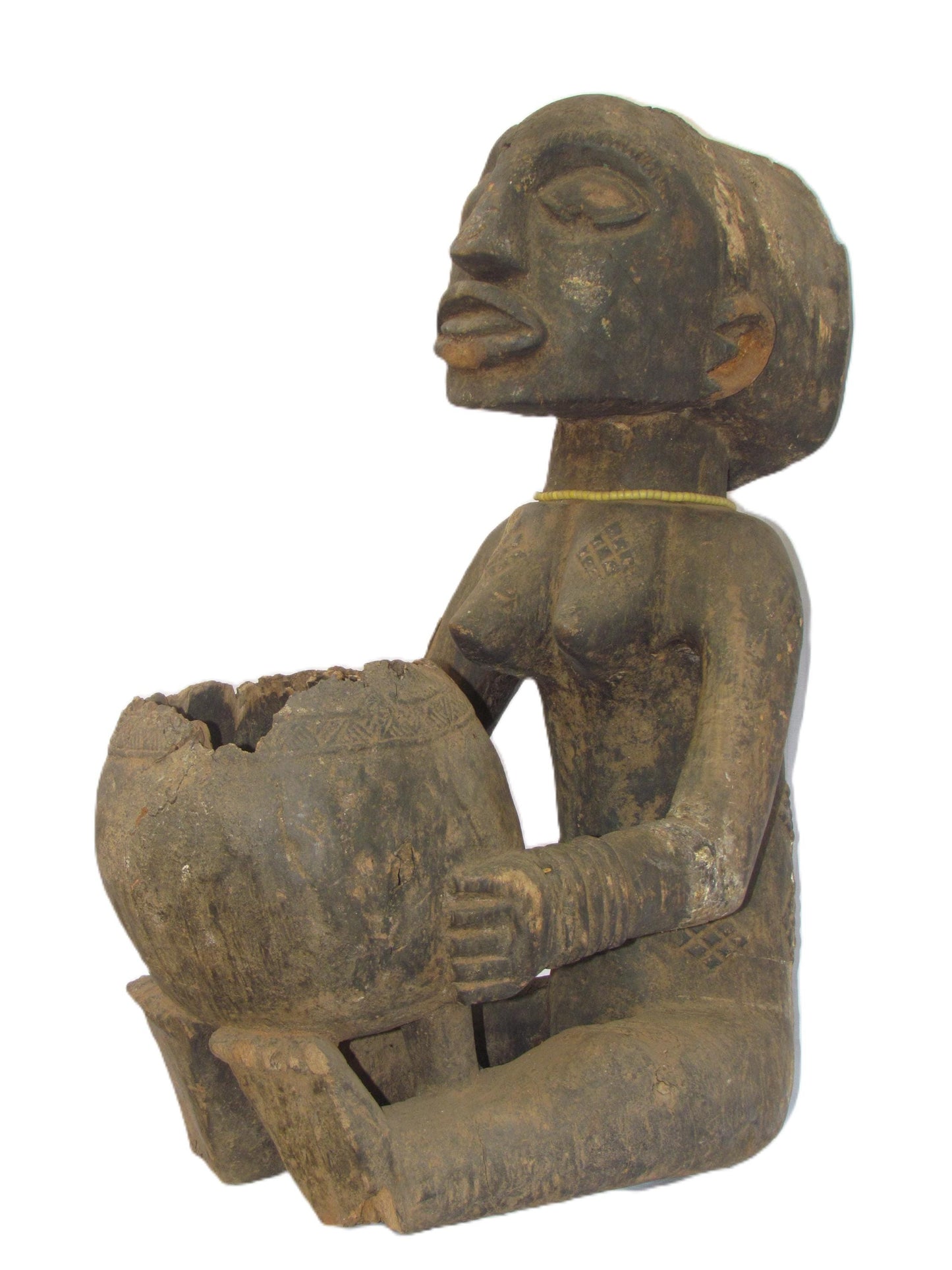 Ancienne porteuse de bol assise (Mboko) Luba, République démocratique du Congo Bois,