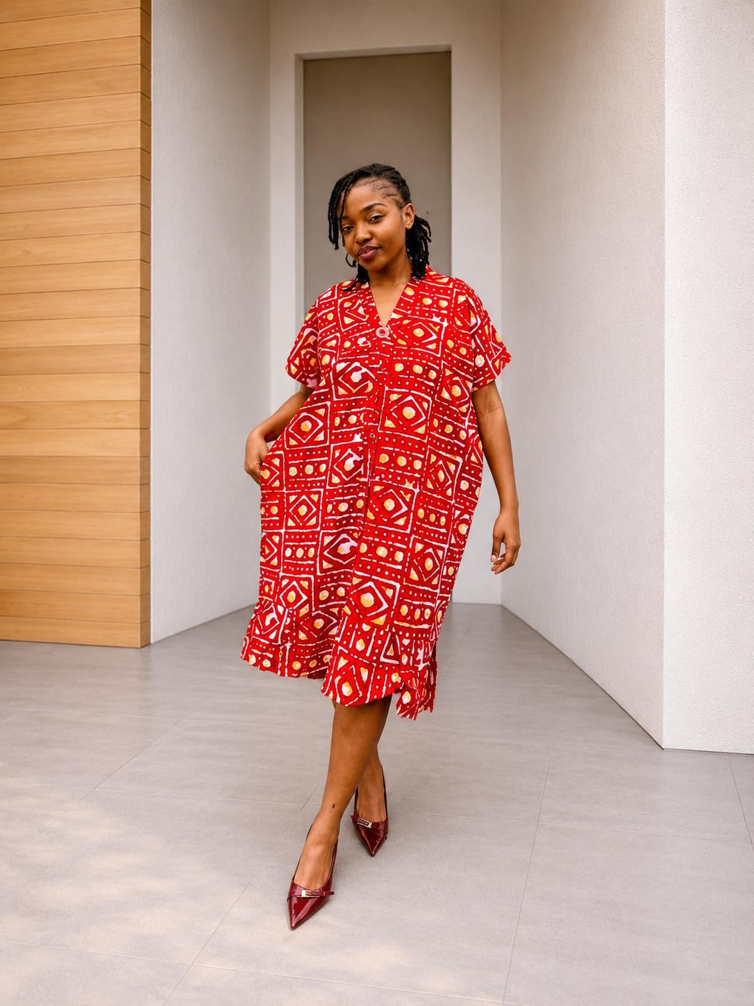 Midi Ankara Kaftan | Short Boubou Shift Gown, Knee-Length Dress