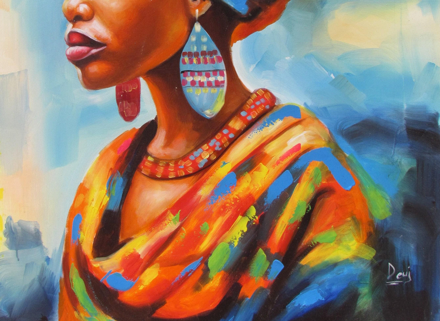 Impression sur toile représentant une femme africaine – Art mural féministe jaune et bleu, peinture à l'huile afrocentrique, décoration d'intérieur pour femme noire, grand format