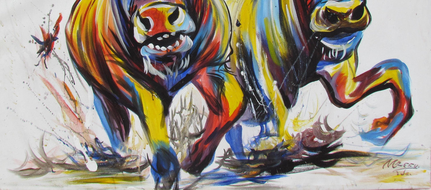 Peinture de buffle africain – Art mural original représentant la faune, décoration de salon, œuvre d'art africaine peinte à la main, style contemporain