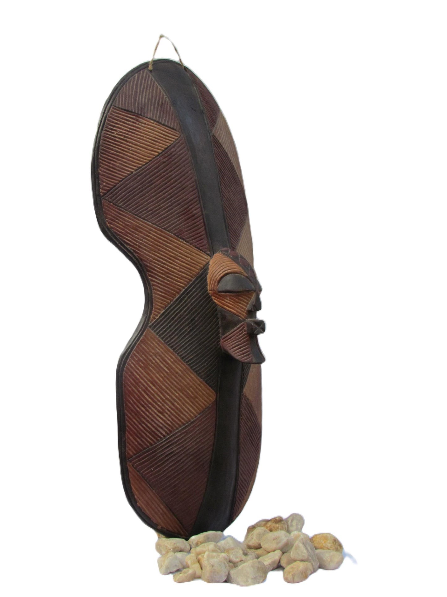 African Songye Shield with Mask Icon – Carved Wood Ritual Wall Art – Congo Tribal Decor
