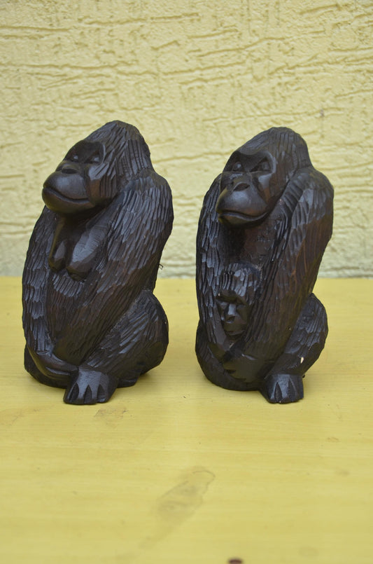 Hand Carved Wooden Gorilla Family Sculpture | Wildlife Art