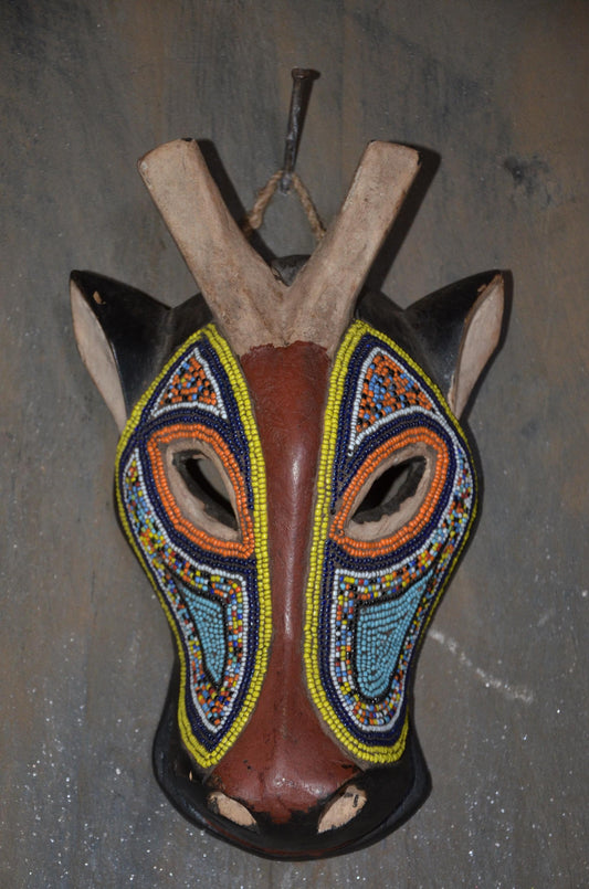 Beaded Antelope Mask – 11" Hand-Carved Wood Tribal Animal Mask – Wall Art.
