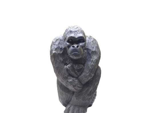 Hand Carved Wooden Gorilla Statue with Baby, Primate Mother and Child Sculpture