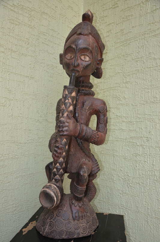 Bena Lulua Chief – 41" Hand-Carved Wood Ancestor Smoking Pipe – Tribal Art.
